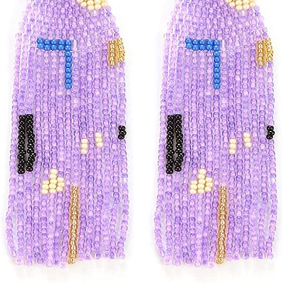 Long 5" Multicolor Abstract Lavender Handmade Beaded Oversized Boho Earrings New - Picture 6 of 6